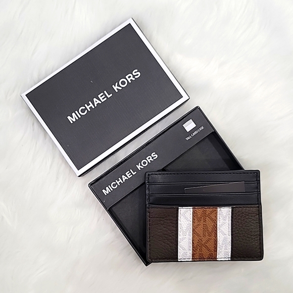 MICHAEL KORS MENS Hudson Logo Stripe Leather Tall Card Case - Picture 1 of 5